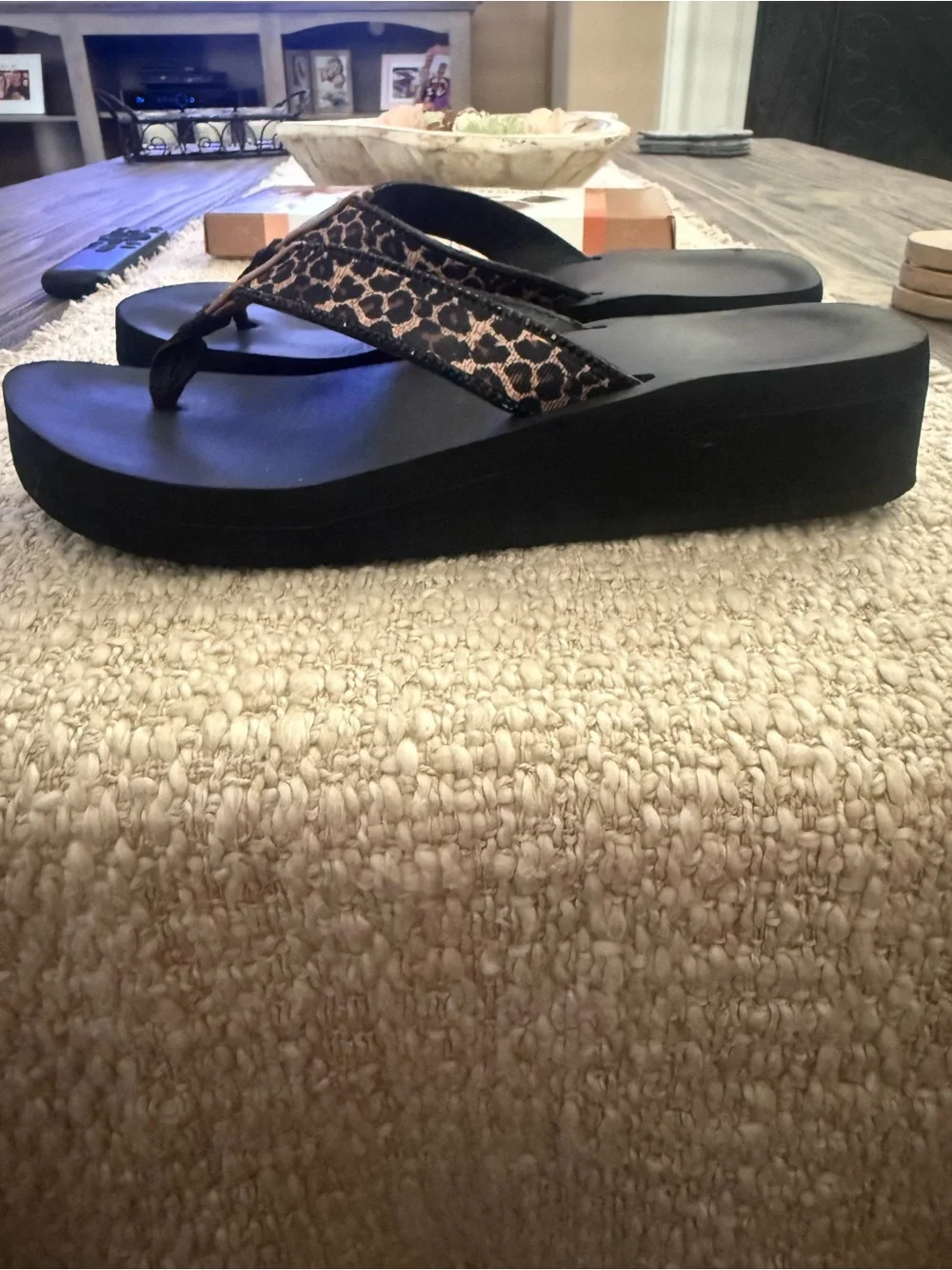 Yellow Box Black Flip Flops with Leopard-Print Beaded Straps - Picture 6 of 9